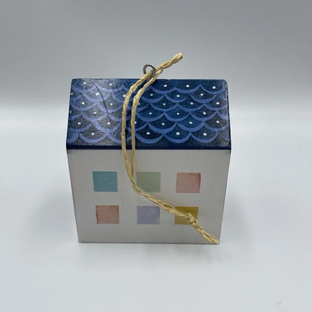 2013 Crate & Barrel Jen Corace Wooden House Christmas Ornament Hearts & Home